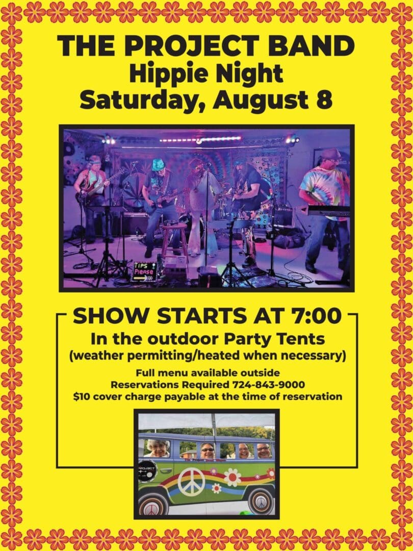 Flyer for Hippie Night event on August 8 with live music and party tents.